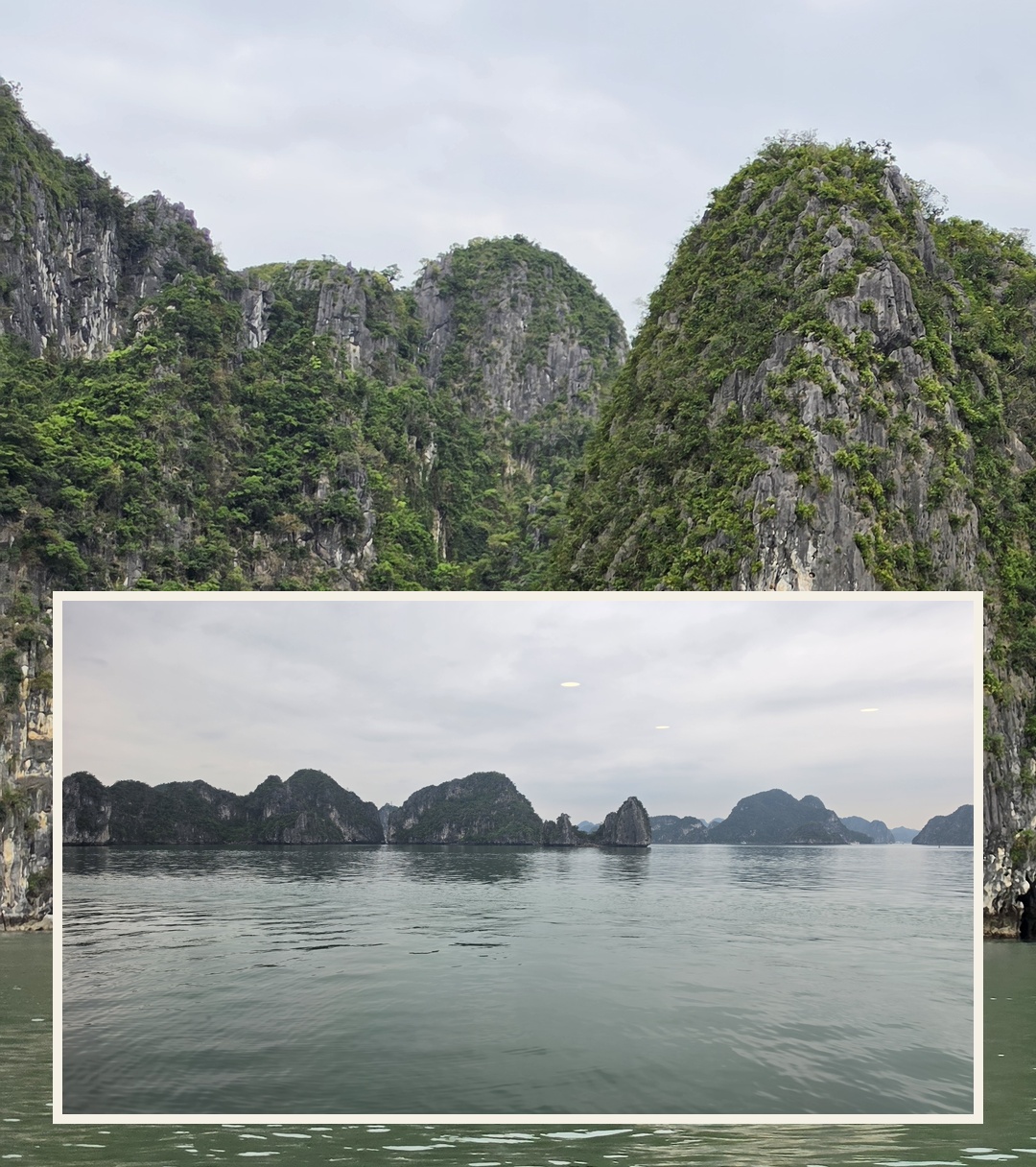 Hạ Long Bay collage combining two views of the limestone islands
